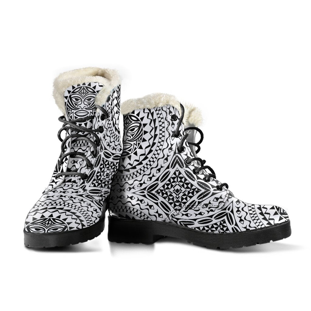 Polynesian Tribal Mask Faux Fur Leather Boots