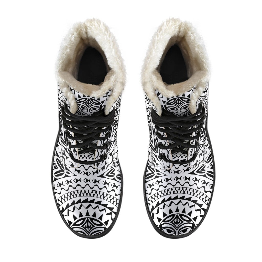 Polynesian Tribal Mask Faux Fur Leather Boots
