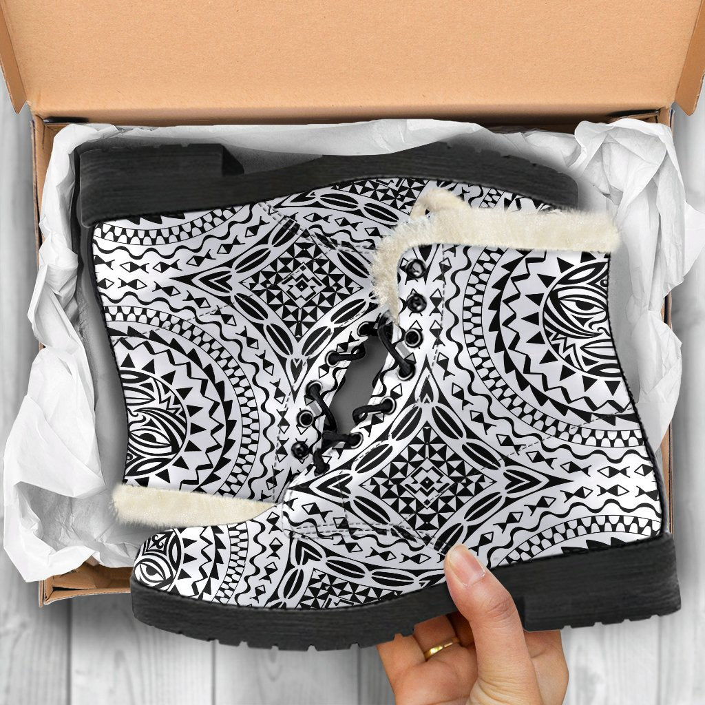 Polynesian Tribal Mask Faux Fur Leather Boots