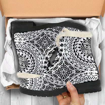 Polynesian Tribal Mask Faux Fur Leather Boots