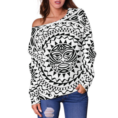 Polynesian Tribal Mask Off Shoulder Sweatshirt