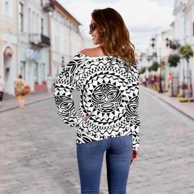 Polynesian Tribal Mask Off Shoulder Sweatshirt