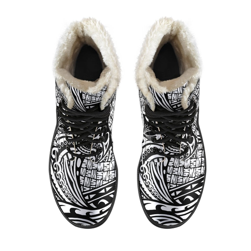Polynesian Tribal Pattern Faux Fur Leather Boots