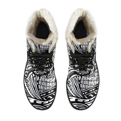 Polynesian Tribal Pattern Faux Fur Leather Boots