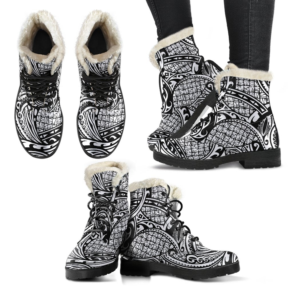 Polynesian Tribal Pattern Faux Fur Leather Boots