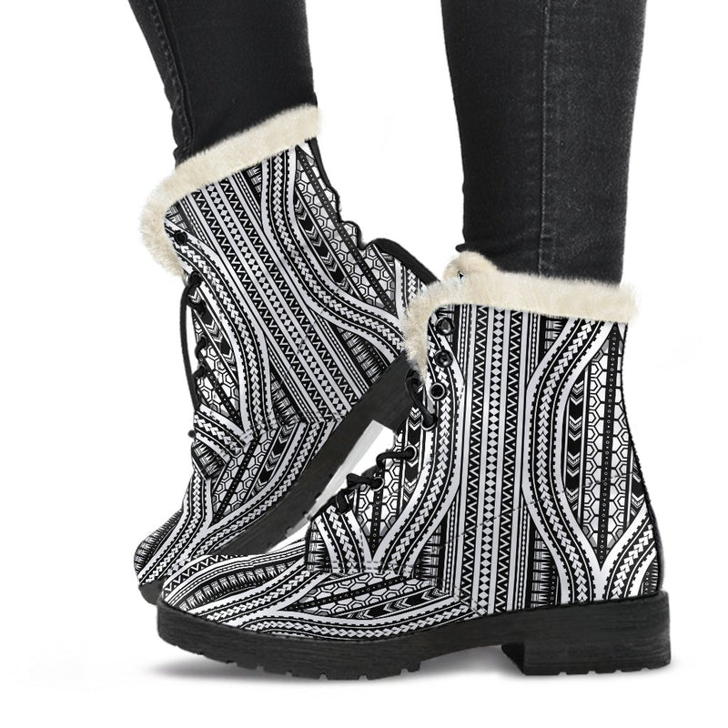 Polynesian Tribal Style Faux Fur Leather Boots