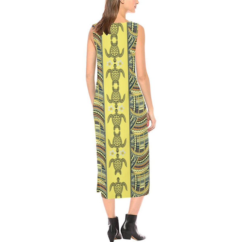 Polynesian Turtle Hawaiian Design Print Sleeveless Open Fork Long Dress