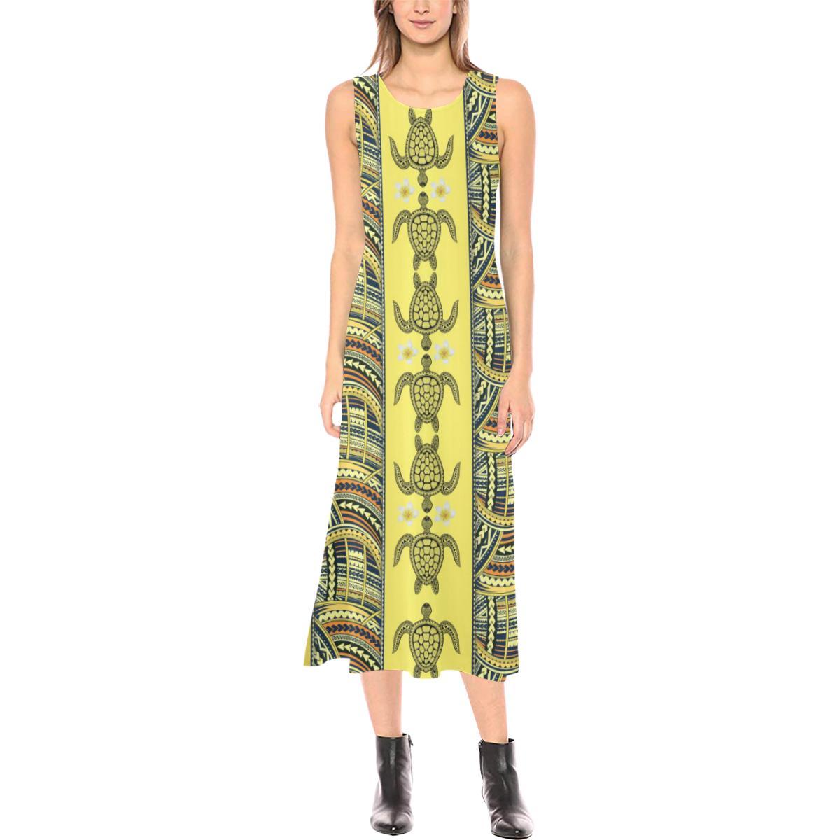 Polynesian Turtle Hawaiian Design Print Sleeveless Open Fork Long Dress