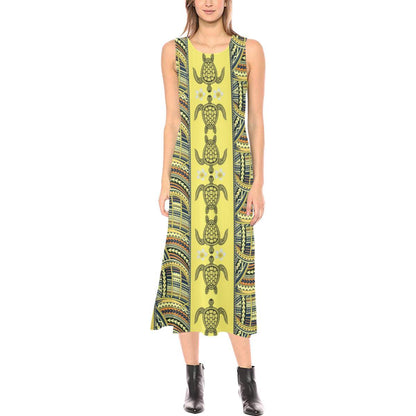 Polynesian Turtle Hawaiian Design Print Sleeveless Open Fork Long Dress