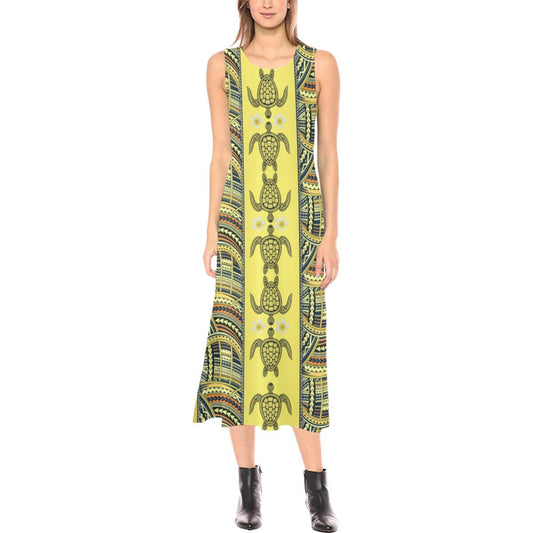 Polynesian Turtle Hawaiian Design Print Sleeveless Open Fork Long Dress