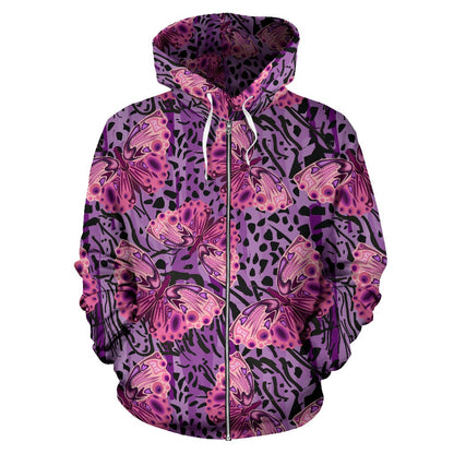 Purple Butterfly Leopard All Over Zip Up Hoodie
