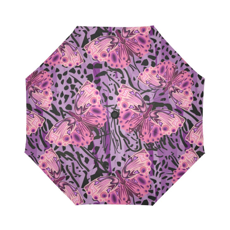 Purple Butterfly Leopard Automatic Foldable Umbrella