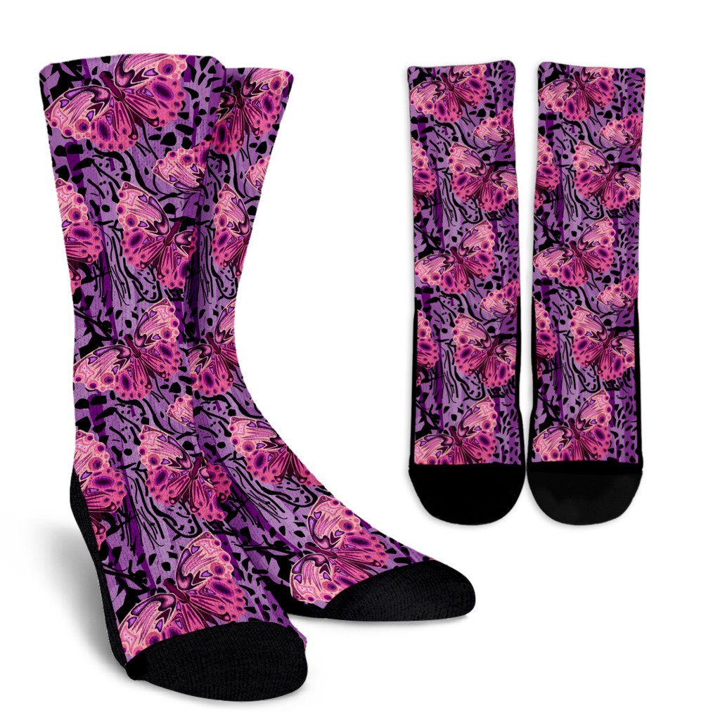 Purple Butterfly Leopard Crew Socks