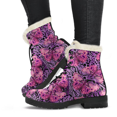 Purple Butterfly Leopard Faux Fur Leather Boots