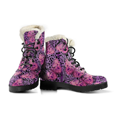 Purple Butterfly Leopard Faux Fur Leather Boots