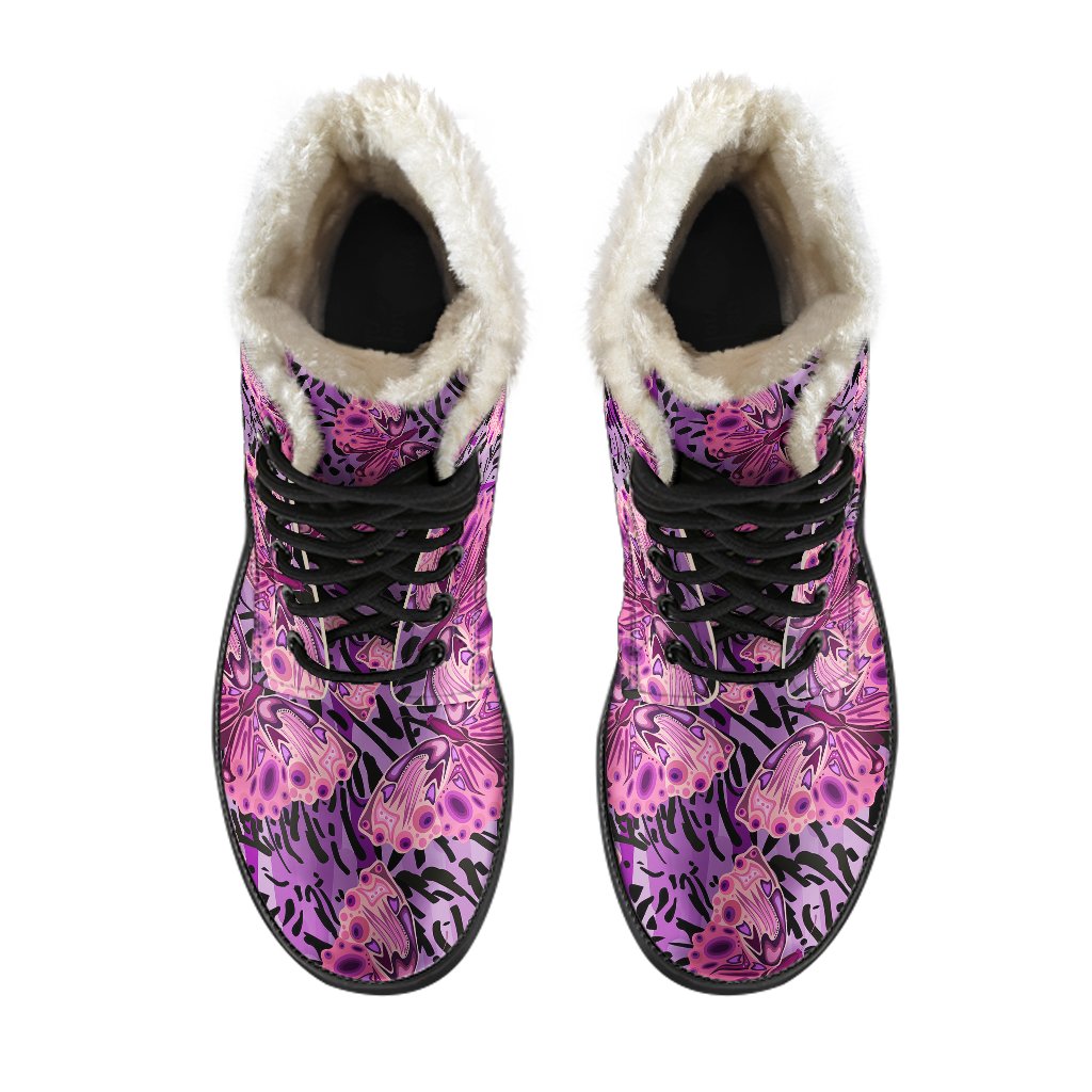 Purple Butterfly Leopard Faux Fur Leather Boots