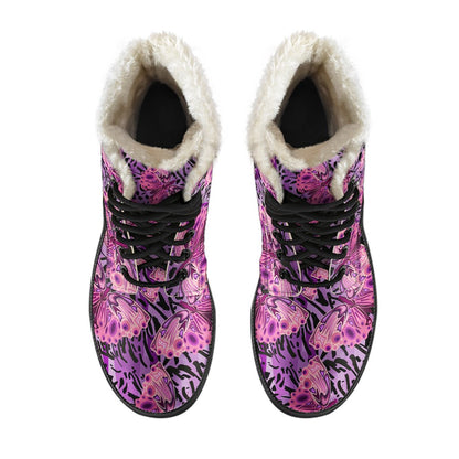 Purple Butterfly Leopard Faux Fur Leather Boots