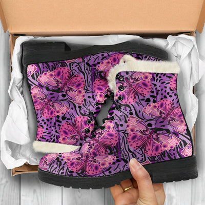 Purple Butterfly Leopard Faux Fur Leather Boots