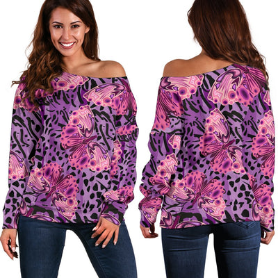 Purple Butterfly Leopard Off Shoulder Sweatshirt