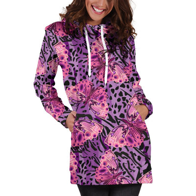 Purple Butterfly Leopard Women Hoodie Dress