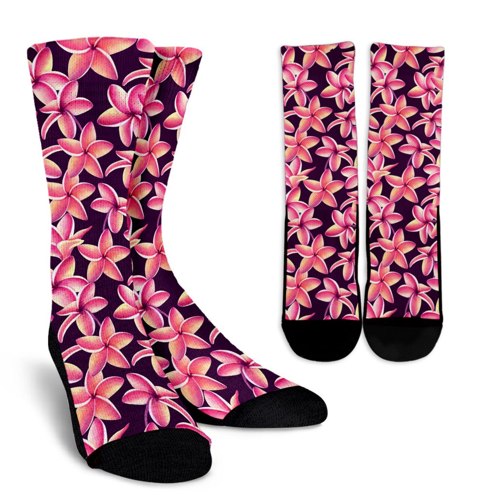 Purple Plumeria Pattern Print Design PM010 Crew Socks-JORJUNE.COM