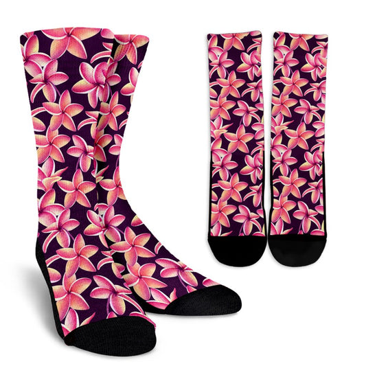 Purple Plumeria Pattern Print Design PM010 Crew Socks-JORJUNE.COM