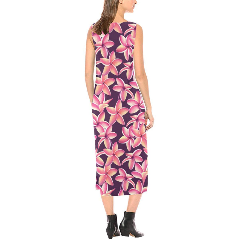 Purple Plumeria Pattern Print Design PM010 Sleeveless Open Fork Long Dress