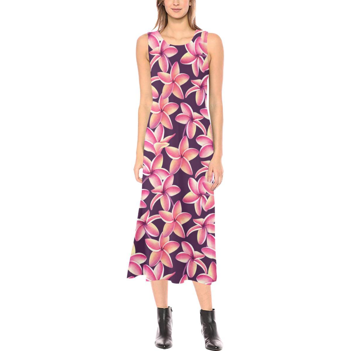 Purple Plumeria Pattern Print Design PM010 Sleeveless Open Fork Long Dress