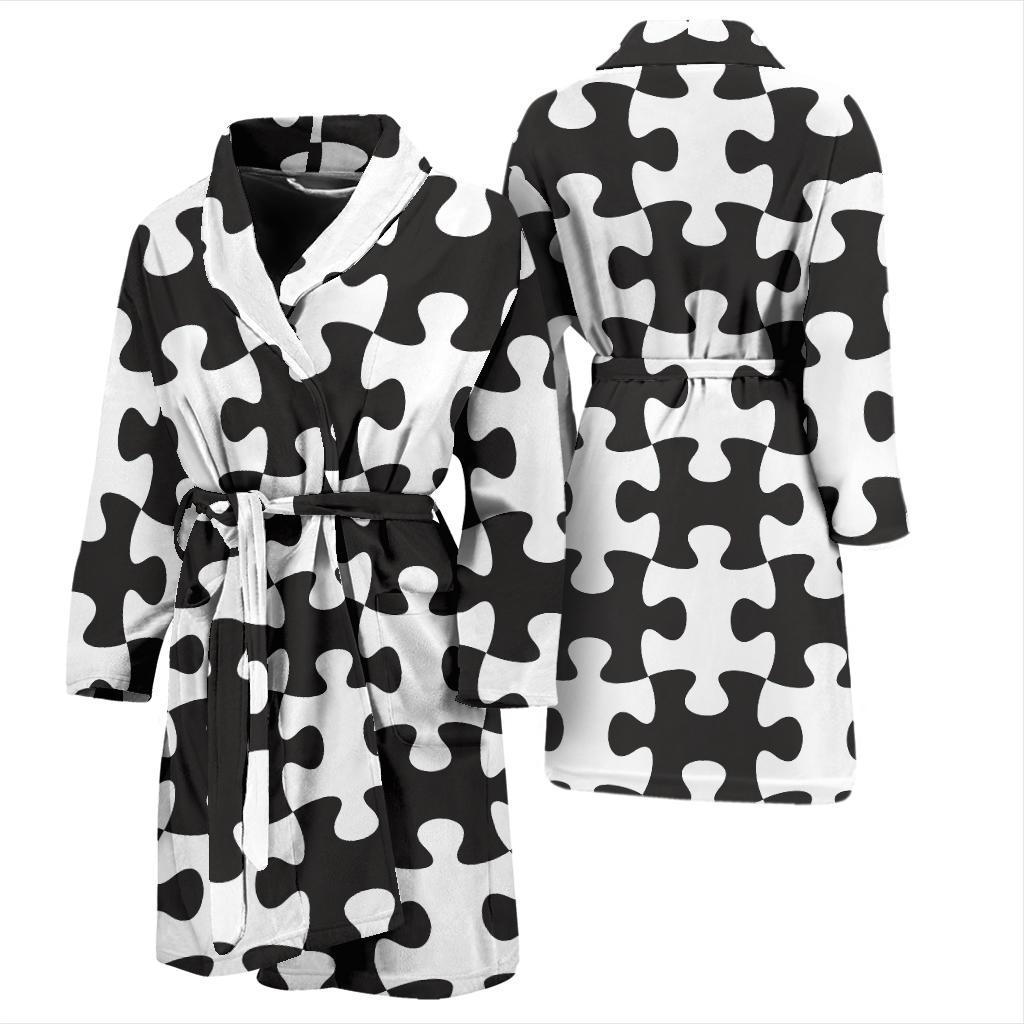 Puzzle Black White Pattern Print Design A02 Men Bathrobe-JORJUNE.COM