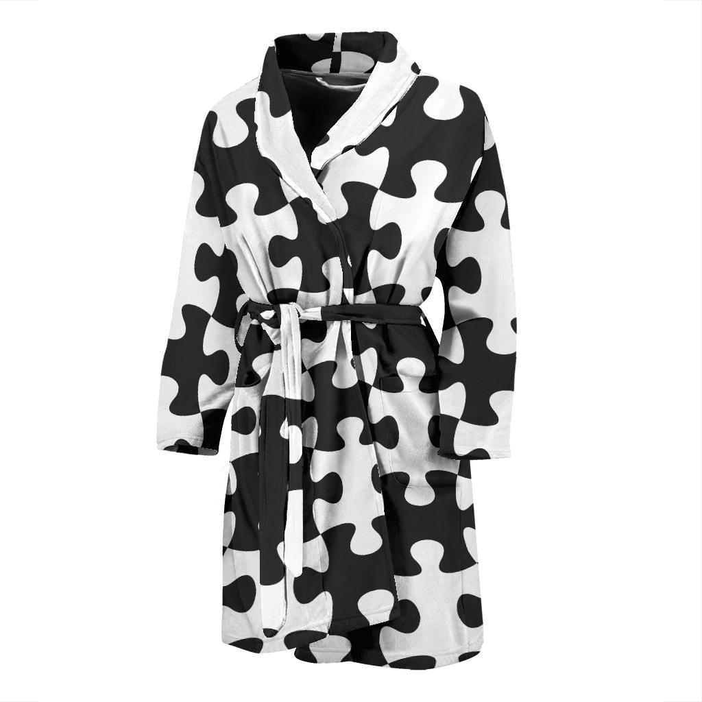 Puzzle Black White Pattern Print Design A02 Men Bathrobe-JORJUNE.COM