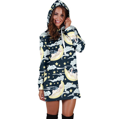 Rabbit Sleeping Pattern Print Design RB08 Women Hoodie Dress