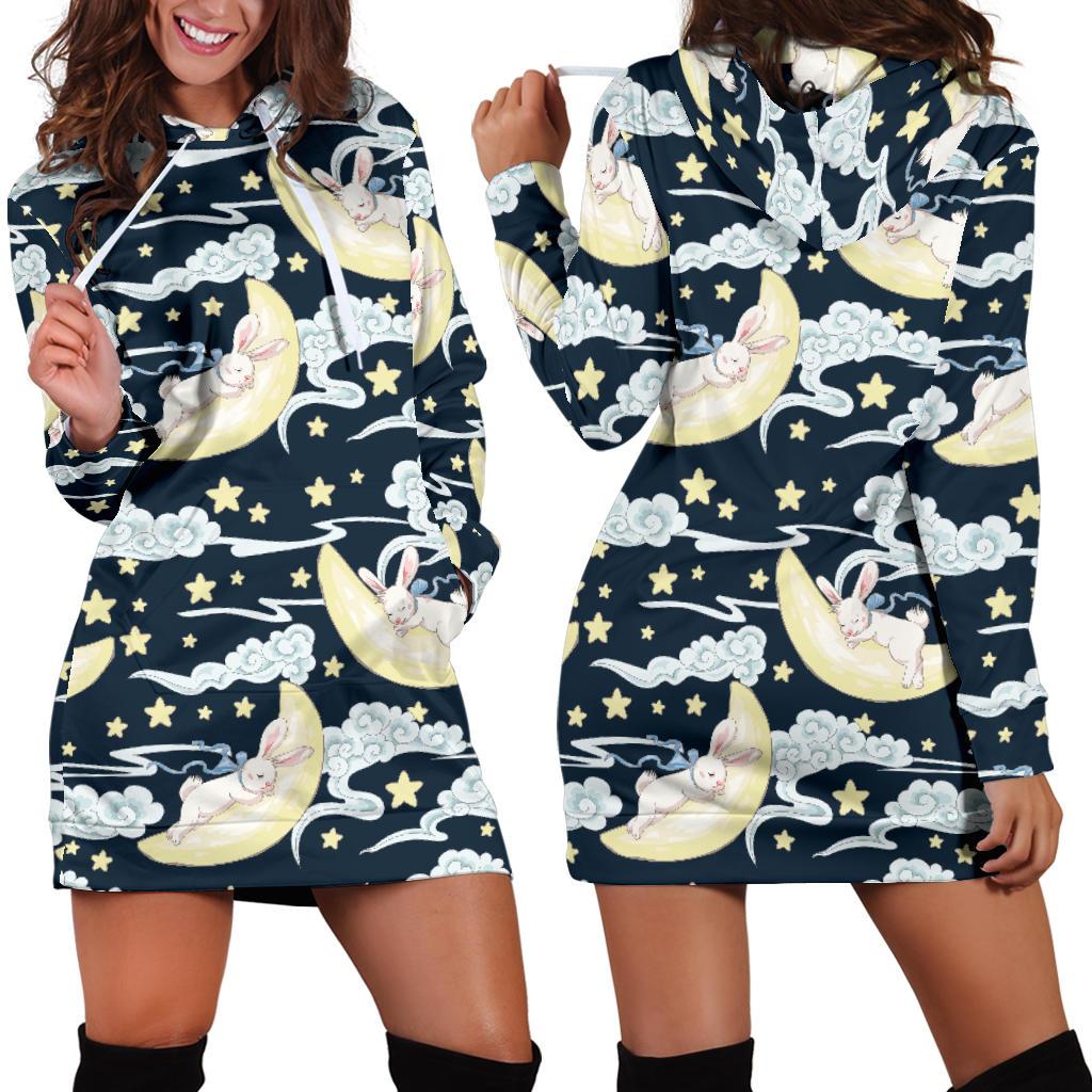 Rabbit Sleeping Pattern Print Design RB08 Women Hoodie Dress