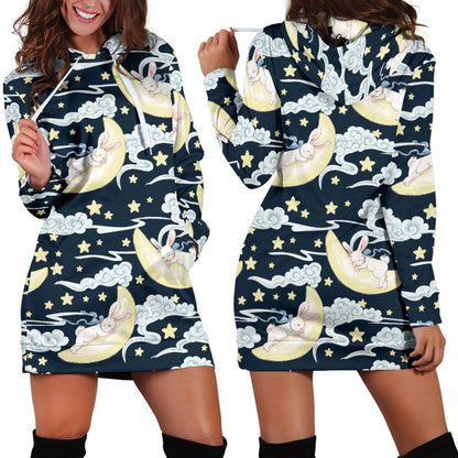 Rabbit Sleeping Pattern Print Design RB08 Women Hoodie Dress
