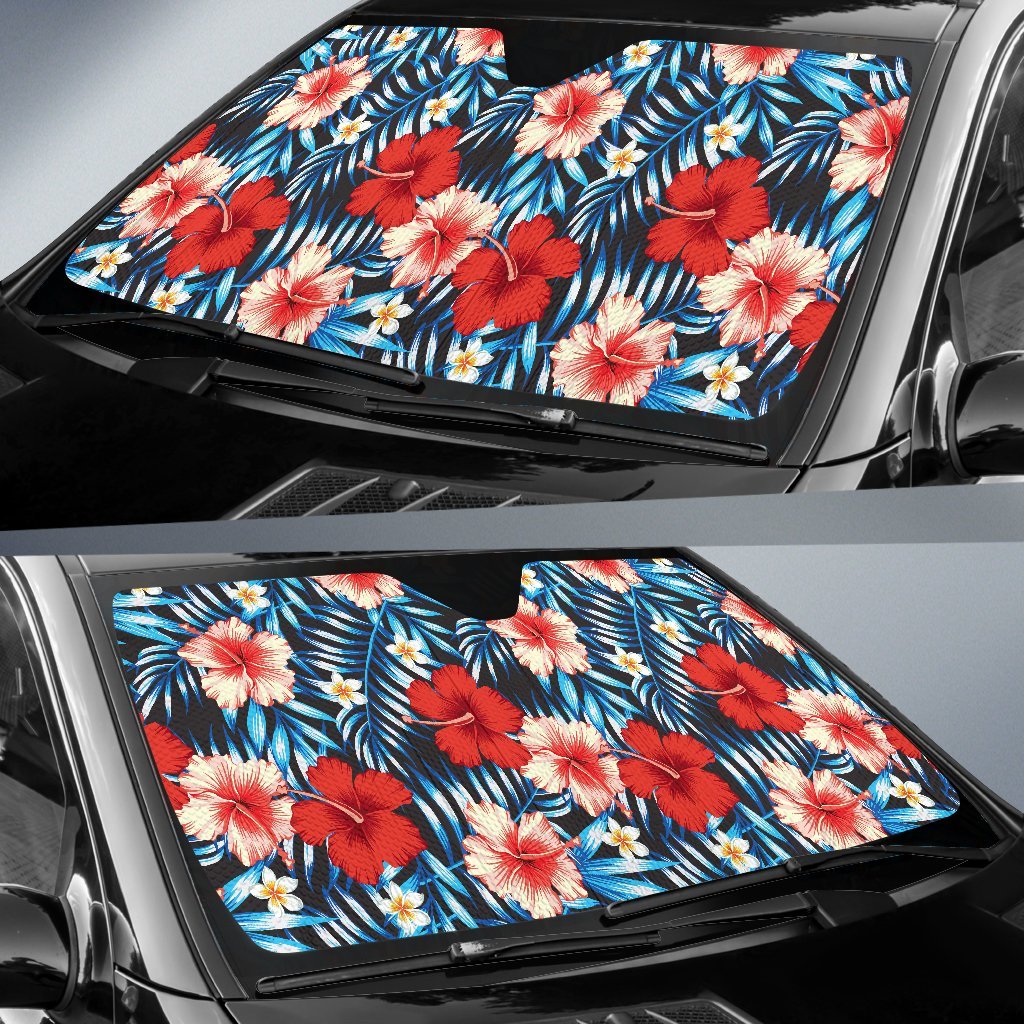 Red Hibiscus Blue Scene Car Sun Shade-JorJune