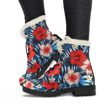 Red Hibiscus Blue Scene Faux Fur Leather Boots