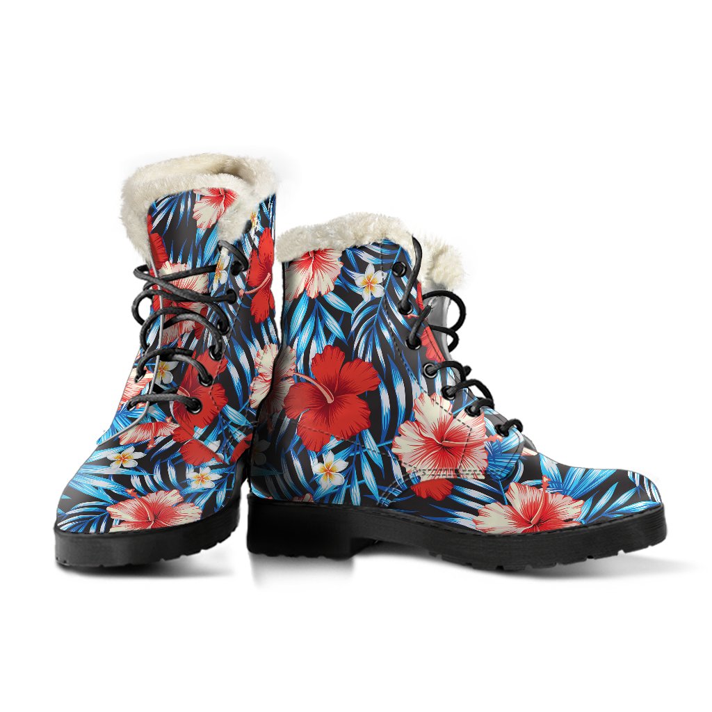 Red Hibiscus Blue Scene Faux Fur Leather Boots