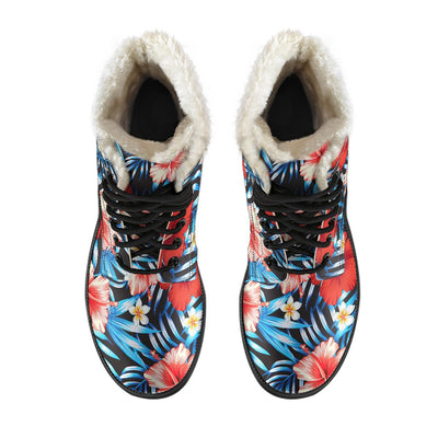 Red Hibiscus Blue Scene Faux Fur Leather Boots