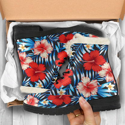 Red Hibiscus Blue Scene Faux Fur Leather Boots