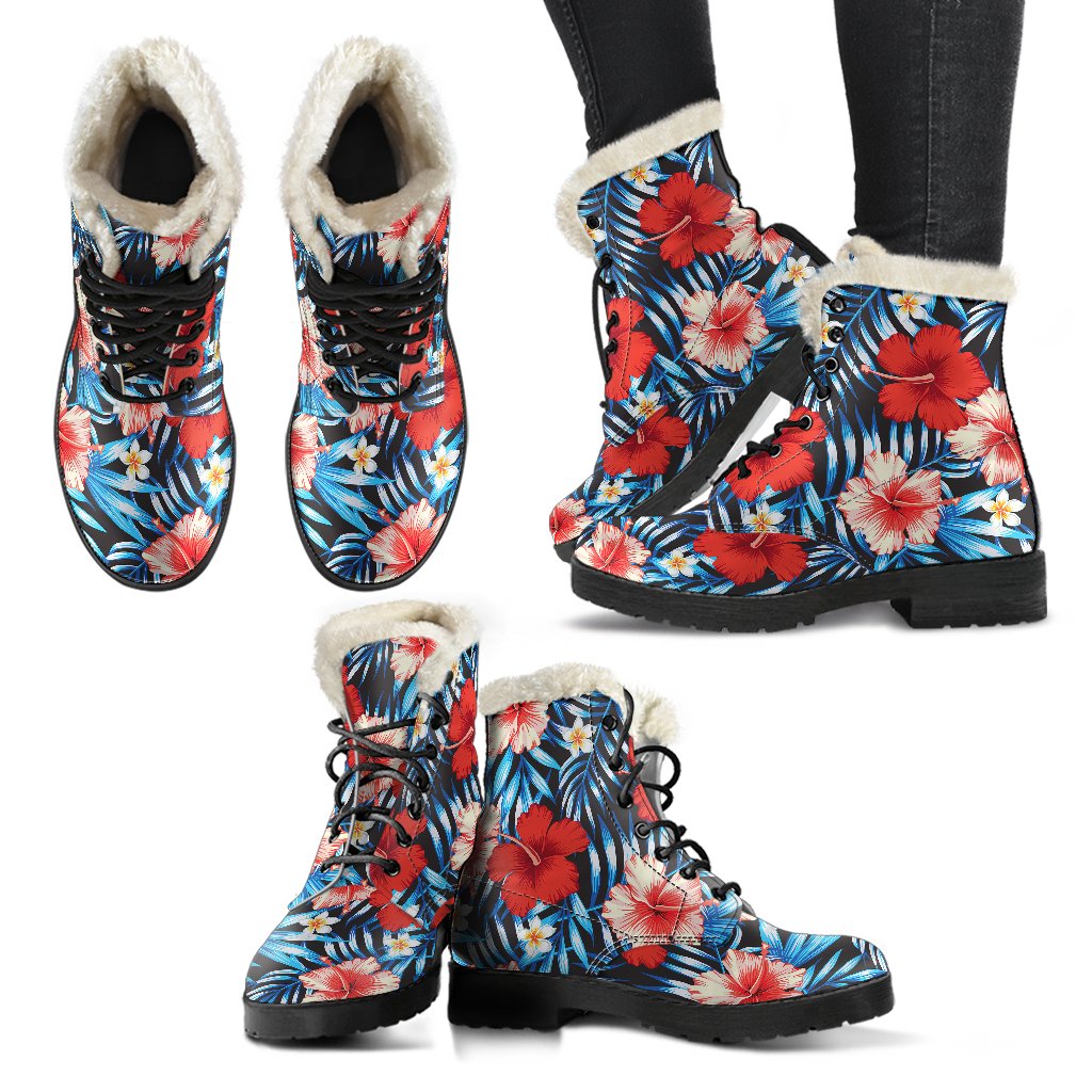 Red Hibiscus Blue Scene Faux Fur Leather Boots
