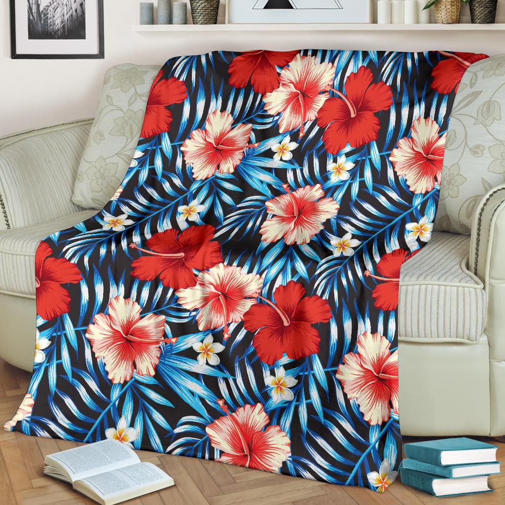 Red Hibiscus Blue Scene Fleece Blanket