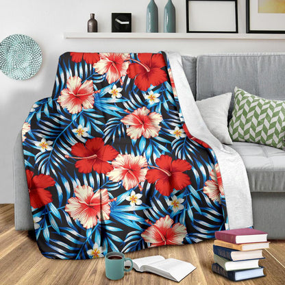 Red Hibiscus Blue Scene Fleece Blanket