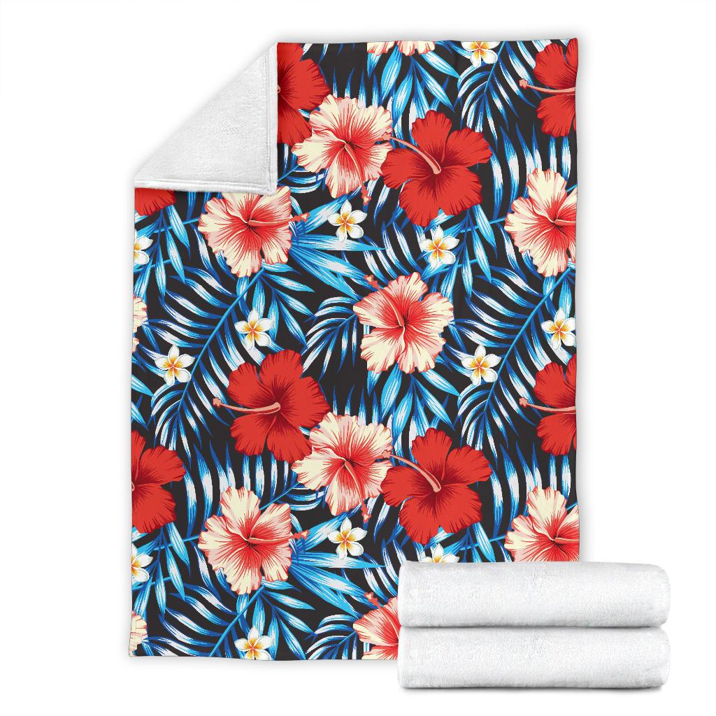 Red Hibiscus Blue Scene Fleece Blanket
