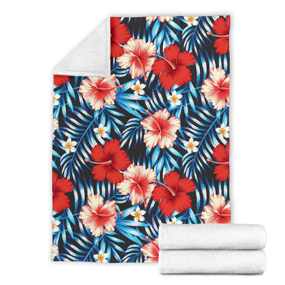Red Hibiscus Blue Scene Fleece Blanket