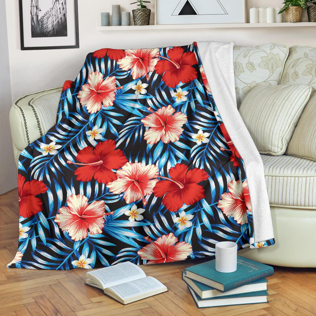 Red Hibiscus Blue Scene Fleece Blanket