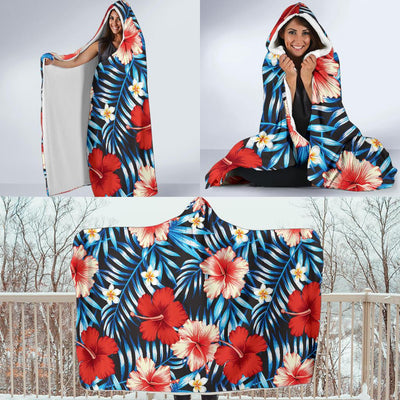 Red Hibiscus Blue Scene Hooded Blanket-JORJUNE.COM