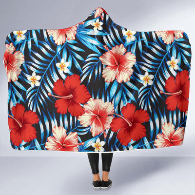 Red Hibiscus Blue Scene Hooded Blanket-JORJUNE.COM