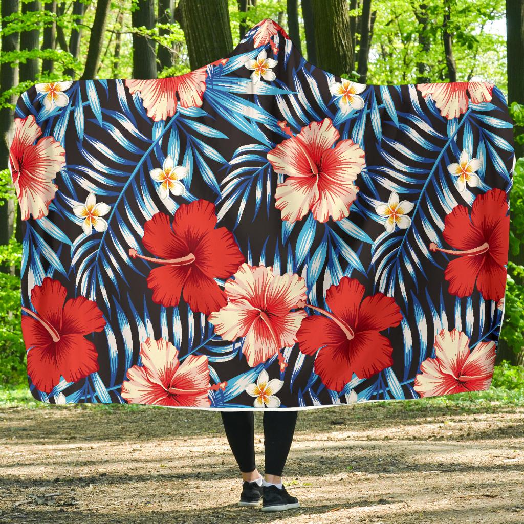 Red Hibiscus Blue Scene Hooded Blanket-JORJUNE.COM