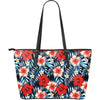 Red Hibiscus Blue Scene Large Leather Tote Bag