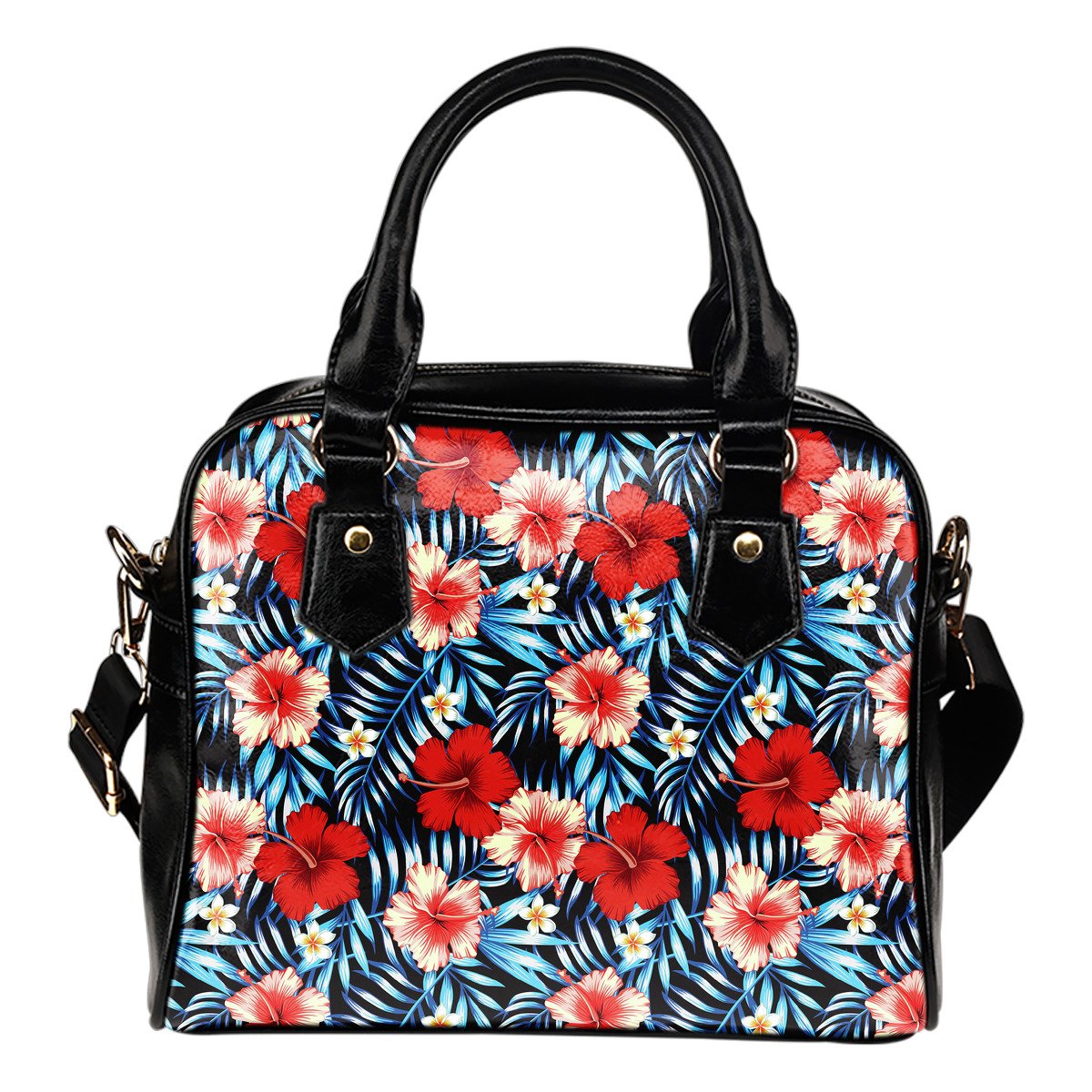 Red Hibiscus Blue Scene Leather Shoulder Handbag