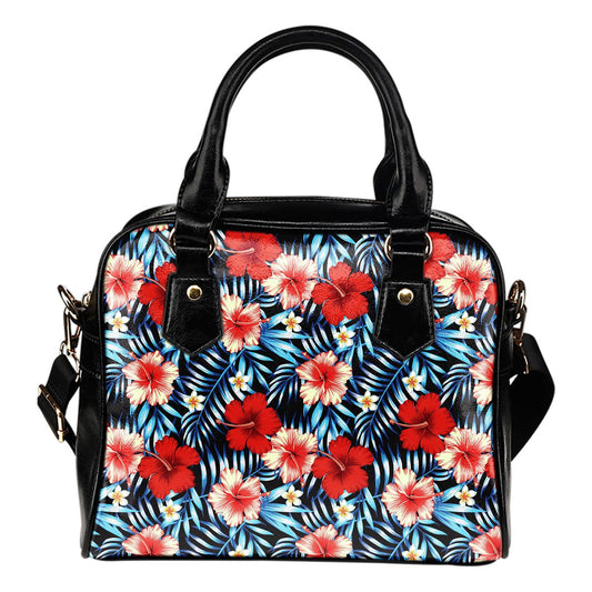 Red Hibiscus Blue Scene Leather Shoulder Handbag